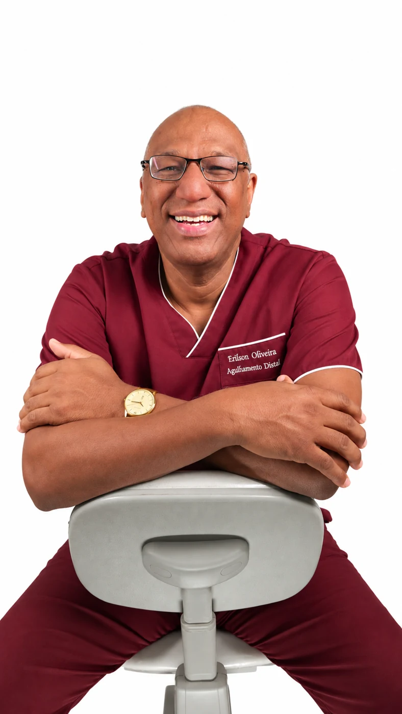 Erilson de Oliveira sorrindo, sentado com os braços apoiados em uma cadeira